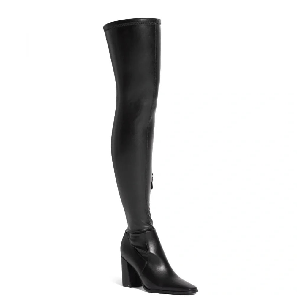Azalea Wang Black Vegan Leather 4 Way Stretch Thigh High Boots